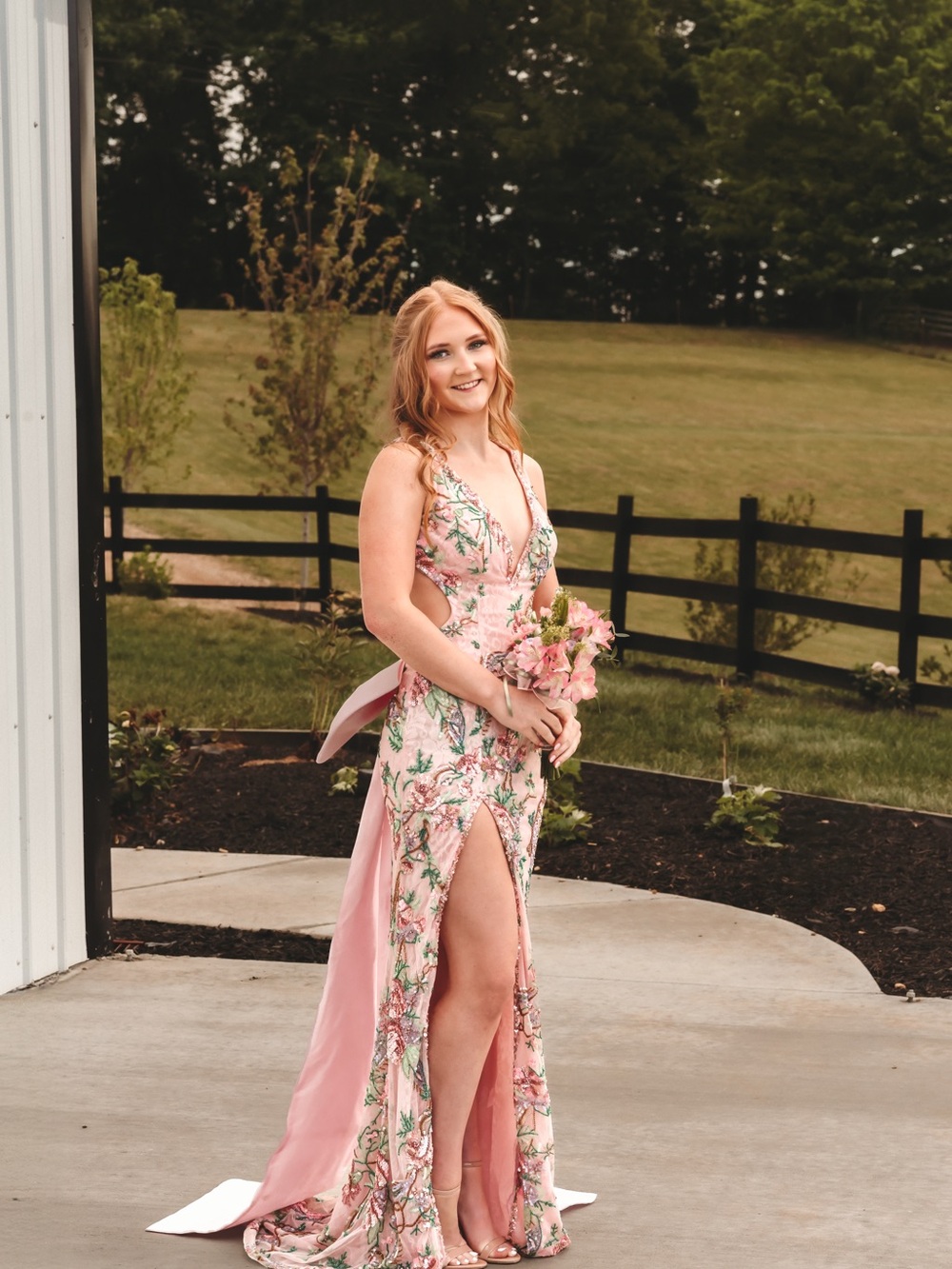 Sherri Hill Pink Floral Embroidered Prom Gown with High Slit